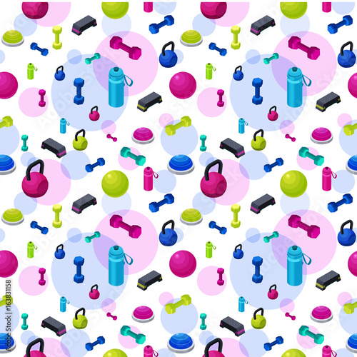 Isometric fitness seamless pattern with set of sports equipment, colorful background with dumbells, step platforms, fit ball, half ball, bottle, collection of workout accessories, vector illustration