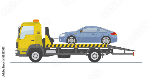 Blue sports car on tow truck, isolated on white background. Flat style, vector illustration. 