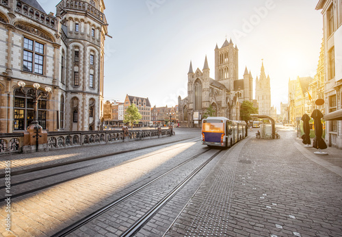 CItyscape view with saint Nicholas church during the morning in Gent old town, Belgium