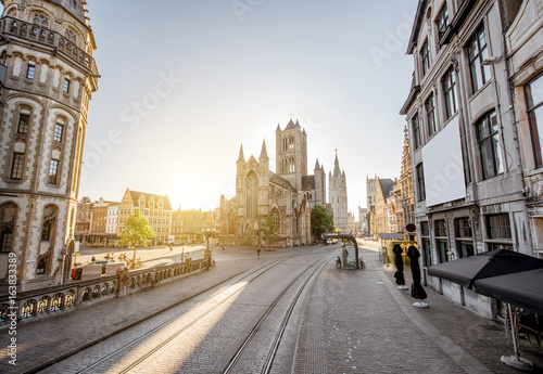 CItyscape view with saint Nicholas church during the morning in Gent old town  Belgium