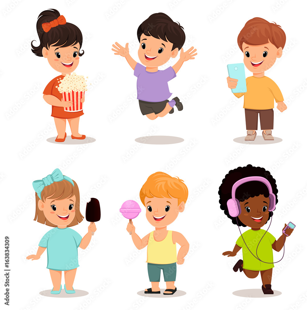 Children set. Cute kids with popcorn, smartphone, ice cream, sweet candy, walkman, jumping, running, standing. Vector illustration. Children set. Cute kids with popcorn, smartphone, ice cream, sweet candy, walkman, jumping, running, standing. Vector illustration.