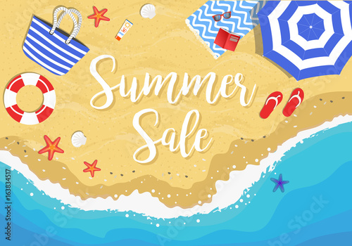 Summer sale hand drawn vector illustration with beach from above view, sun umbrella, beach bag, towel, flip flops, sea buoy, sun glasses, sea stars and shells