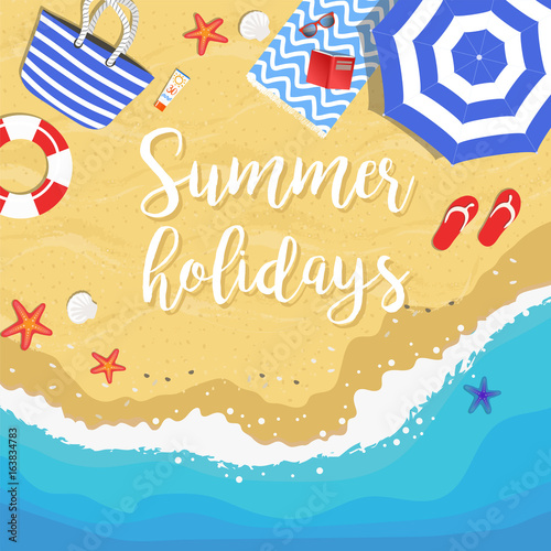 Summer holidays hand drawn vector illustration with beach from above view, sun umbrella, beach bag, towel, flip flops, sea buoy, sun glasses, sea stars and shells