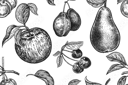 Fruits and berries seamless pattern. Realistic apple, pear, plum and cherry. Black and white. Vector illustration art. Vintage engraving. Hand drawing. Template with nature motifs for kitchen design.