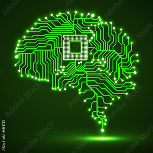 Abstract technological glowing brain. Cpu. Circuit board. Vector illustration. Eps 10