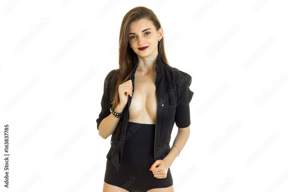 cheerful brunette woman in black jacket and panties with big silicon breasts cheerful brunette woman in black jacket and panties with big silicon breasts