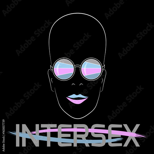 Stylized face with glasses using original colors for gay parade. Text Intersex.  Unconventional sexual orientation. Vector design
