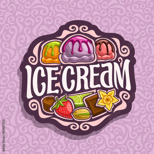 Vector logo for Ice Cream: 3 colorful scoop balls of ice cream topping melted chocolate sauce, in sign lettering title - ice cream, strawberry, pistachio and peanut butter cup on pale seamless pattern