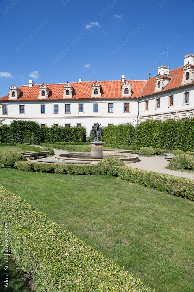 Building behind the formal Wallenstein (Waldstein) Garden (Valdstejnska Zahrada)). It is a public Baroque garden at the Lesser Town (Mala Strana) in Prague, Czech Republic. 