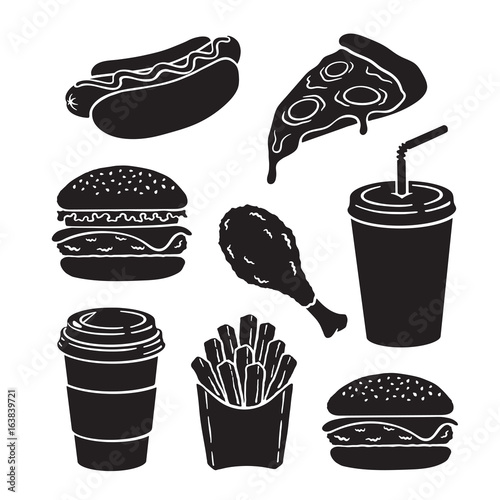 Icons silhouettes of hamburger, cheeseburger, hot dog, slice of pizza, deep-fried chicken leg, french fries, paper cup with soda and coffee. Vector illustration set. Fast food collection for menus