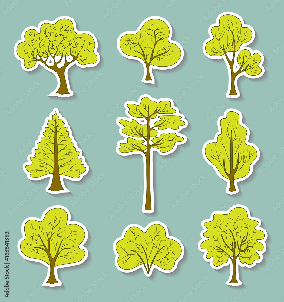 Set of decorative abstract trees and plants