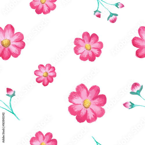 Vector floral watercolor seamless pattern with cosmos flowers  pink asters . Hand-painted illustration with different blooming plants on white background. Design for decor  fabric  manufacturing