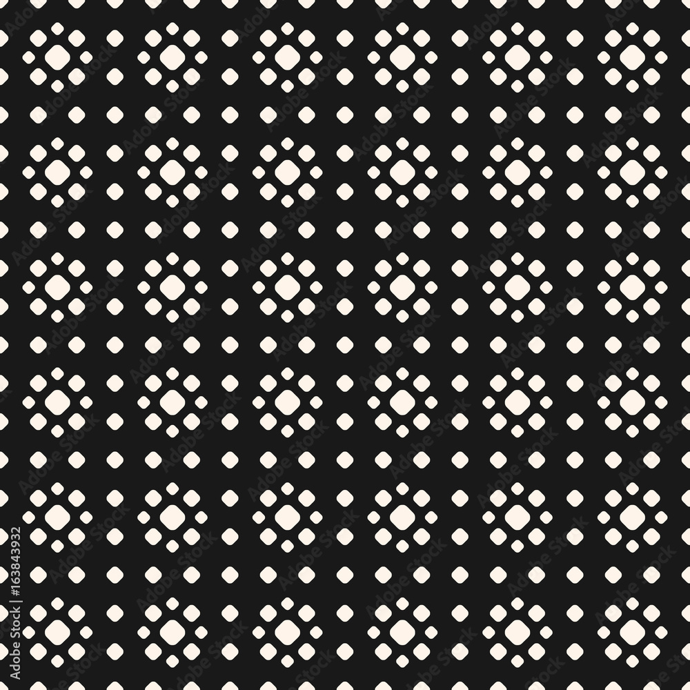 Dotted seamless pattern, vector monochrome polka dot texture with small circles, stippling floral shapes. Abstract black geometric background, repeat tiles. Design element for decor, covers, digital Dotted seamless pattern, vector monochrome polka dot texture with small circles, stippling floral shapes. Abstract black geometric background, repeat tiles. Design element for decor, covers, digital