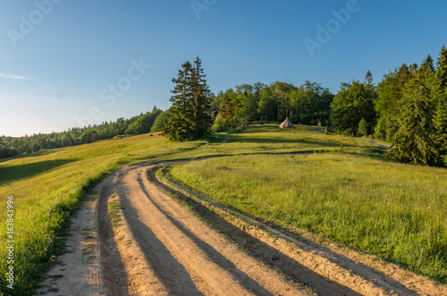 Beskidy mountains, Poland, green sping meadow with dirt road