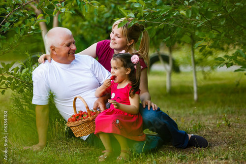 A family, with parents, children and grandparents, enjoy a picnic photo
