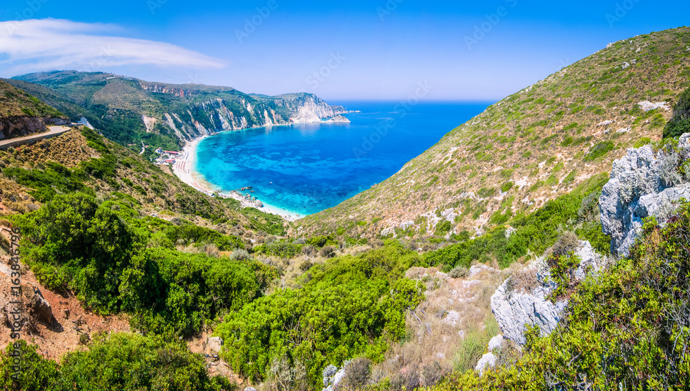 Valley goes to beautiful Myrtos Beach on Kefalonia Island, Greece