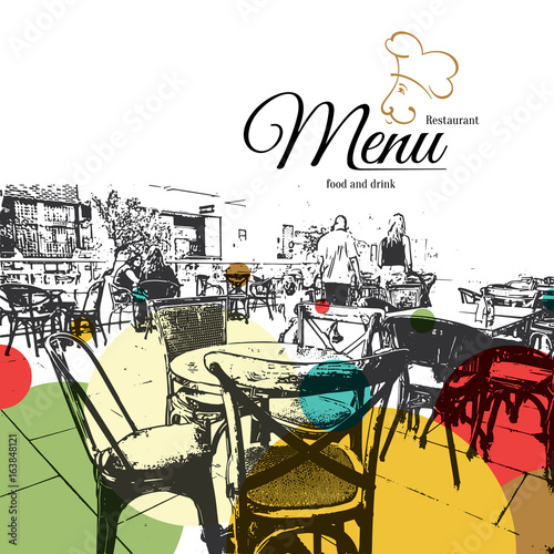 Restaurant menu design. Vector menu brochure template for cafe, coffee house, restaurant, bar. Food and drinks logotype symbol design. With a sketch pictures