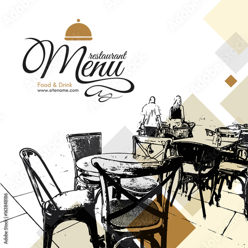 Restaurant menu design. Vector menu brochure template for cafe, coffee house, restaurant, bar. Food and drinks logotype symbol design. With a sketch pictures
