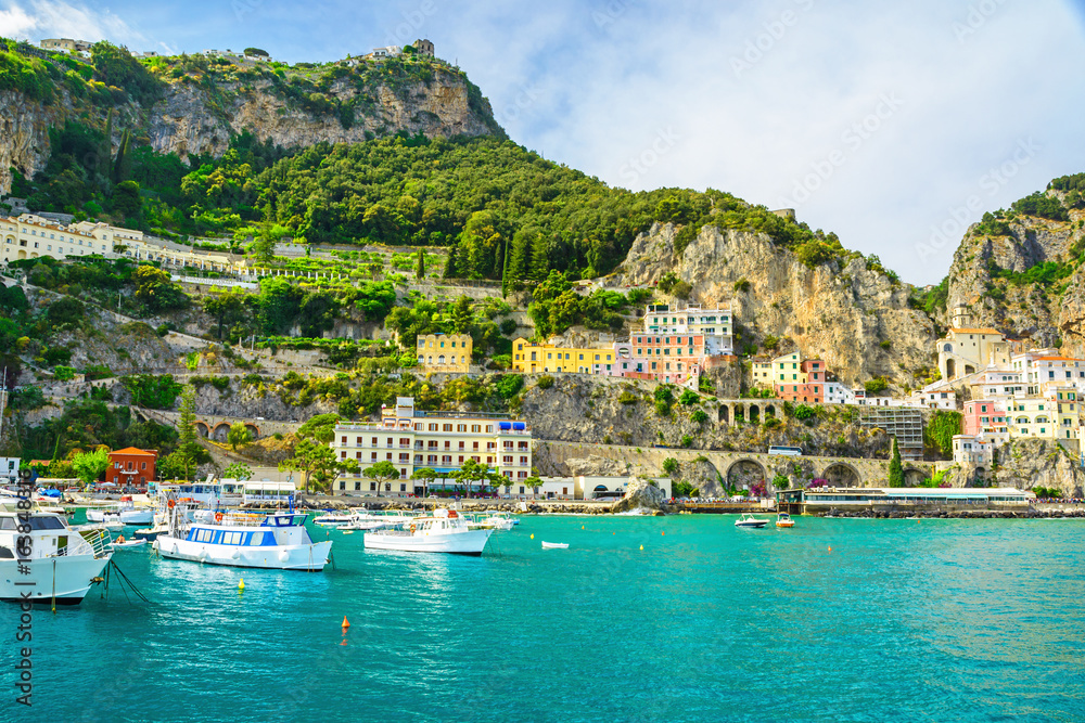 beautiful view of Amalfi town on Amalfi coast from the sea with yachts and boats
