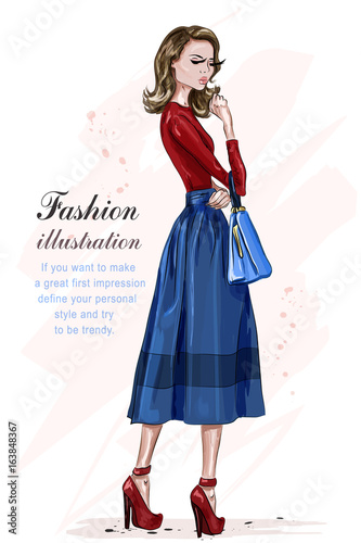 Beautiful stylish woman in fashion clothes. Fashion model posing. Hand drawn fashion girl. Sketch. Vector illustration.