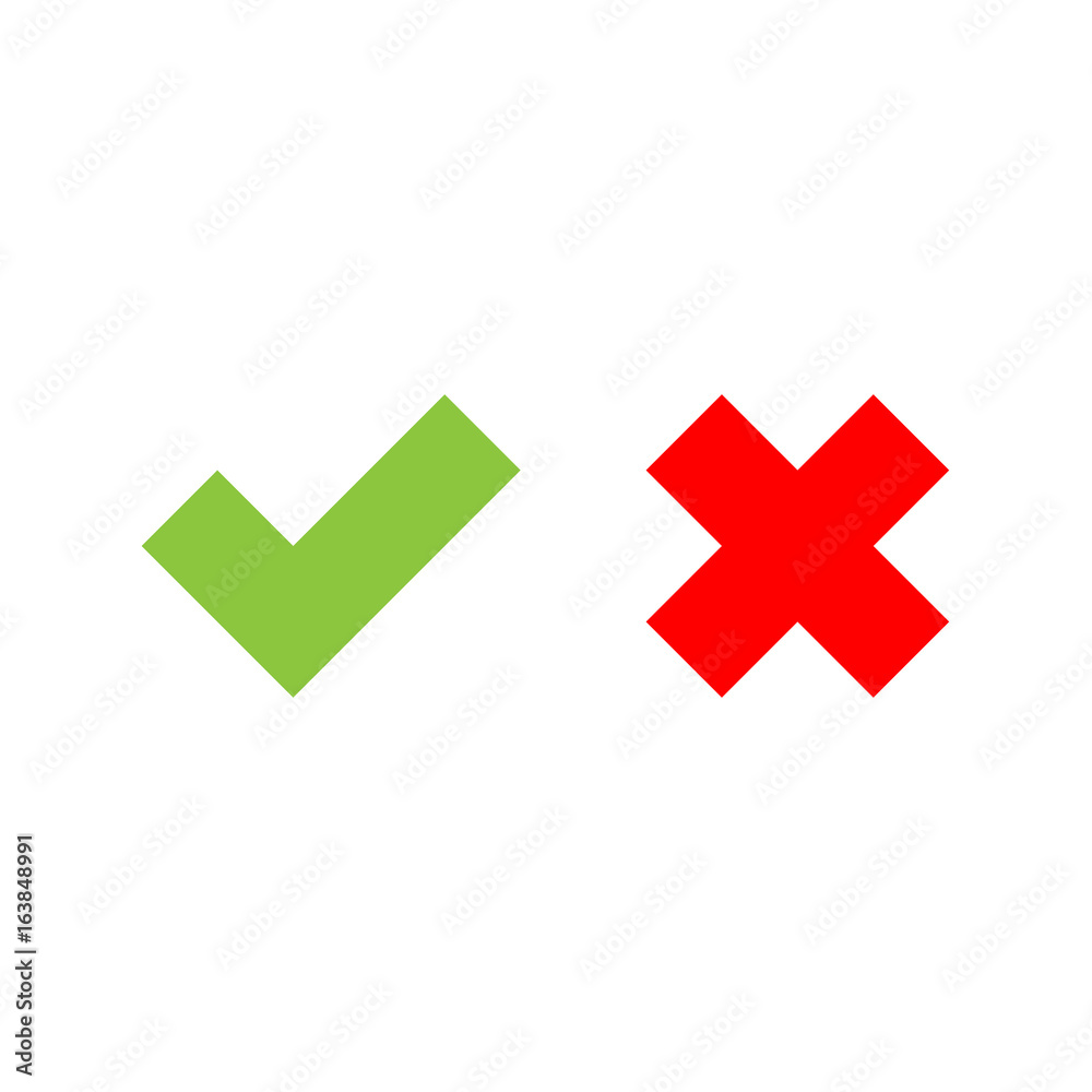 Obraz premium Check mark icons. Green tick and red cross. Flat vector illustration isolated on white background.