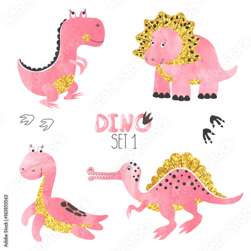 Cute little dinosaurs set in pink  golden and black colors. Vector collection for kids design.