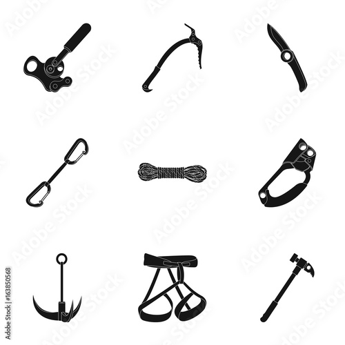 Ice ax, conquered top, mountains in the clouds and other equipment for mountaineering.Mountaineering set collection icons in black style vector symbol stock illustration web.