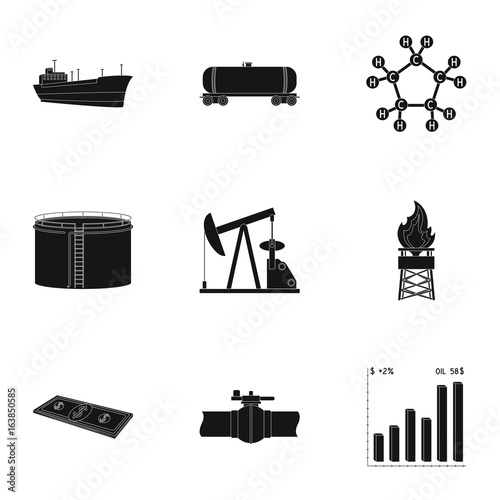 Oil rig, pump and other equipment for oil recovery, processing and storage.Oil set collection icons in black style vector symbol stock illustration web.