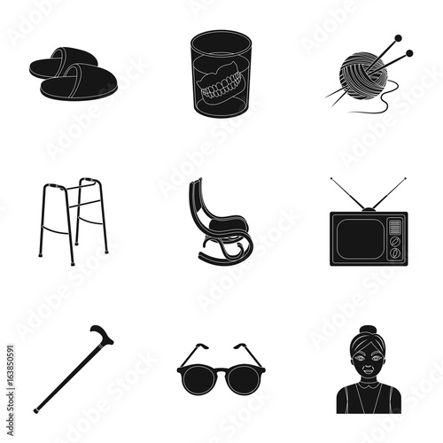 Armchair, slippers, tonometer and other attributes of old age.Old age set collection icons in black style vector symbol stock illustration web.