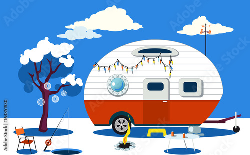 Winter travelling scene with a vintage camper, a fire pit, fishing hole and camping table, EPS 8 vector illustration, no transparencies