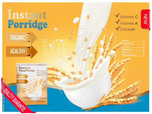 Instant porridge advert concept. Milk flowing into a bowl with grain. Vector.