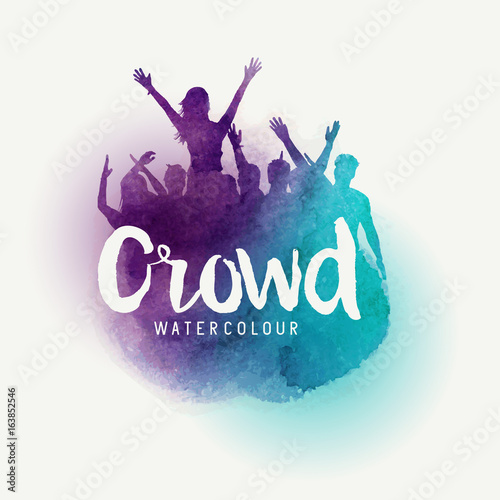 A crowd of young people at a concert in watercolour style. Vector illustration