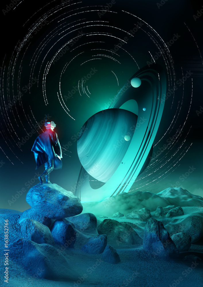 Fototapeta premium Wonder Exploration. A futuristic human exploring a strange planet system. 3D illustration.