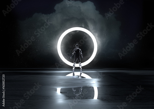 Circle of Light. A glass figure illuminated at night by a circle of light. 3D Illustration
