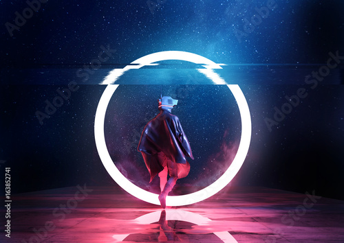 Futuristic spaceman walking through a circle of light