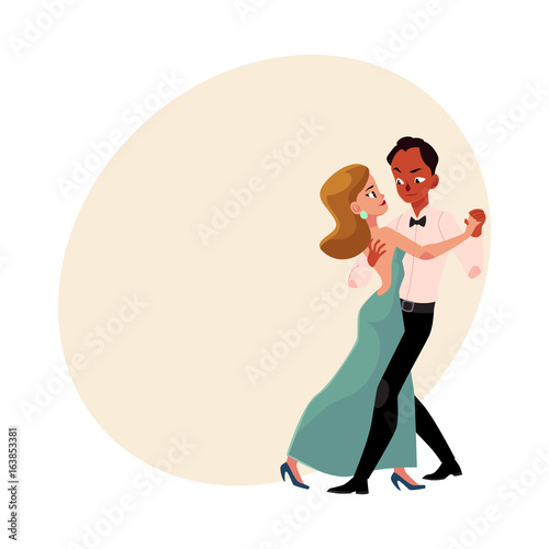 Couple of professional ballroom dancers, Caucasian woman, black man, looking at each other, cartoon vector illustration with space for text. Ballroom dance couple dancing waltz, salsa, rumba