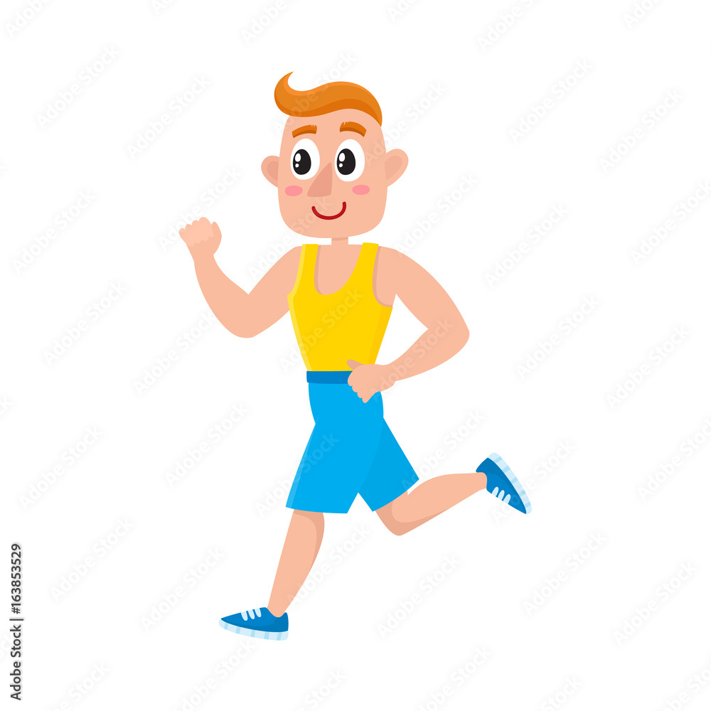 Young man running, training in gym, doing sport exercises, cartoon vector illustration isolated on white background. Cartoon man, guy running, doing cardio in gym Young man running, training in gym, doing sport exercises, cartoon vector illustration isolated on white background. Cartoon man, guy running, doing cardio in gym