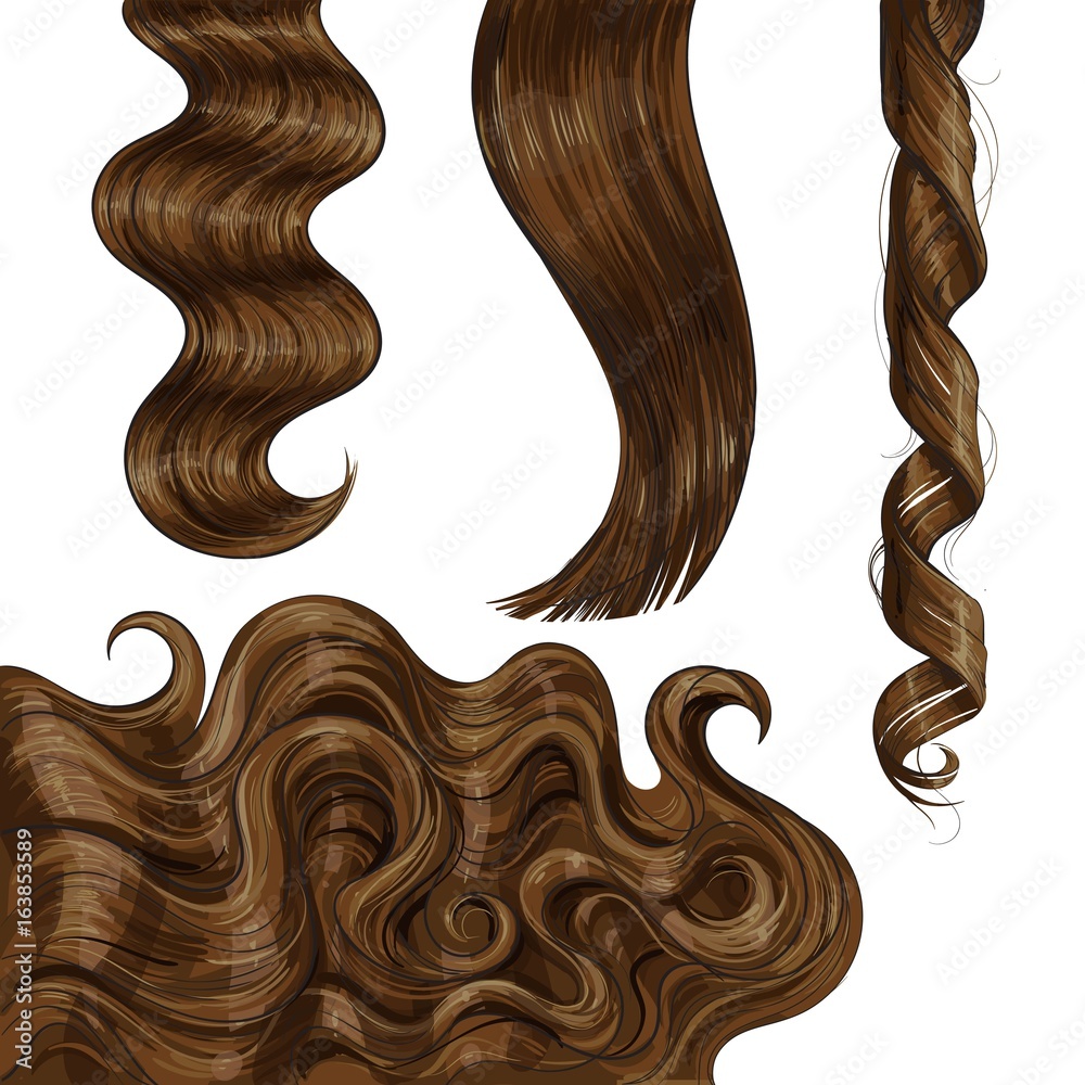 Set of shiny long brown, fair straight and wavy hair curls, sketch style  vector illustration isolated on white background. Set of hand drawn  realistic healthy, shiny brown, flaxen hair curls Stock Vector |