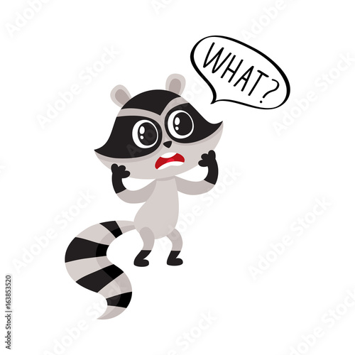 Little raccoon character unpleasantly surprised, exclaiming What, cartoon vector illustration isolated on white background.