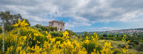 Lonely stone house with beatiful yellow flowers at Samos island
