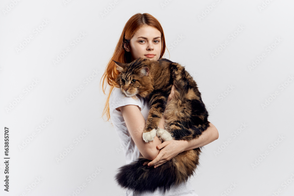 Beautiful young woman on a light background holds a cat