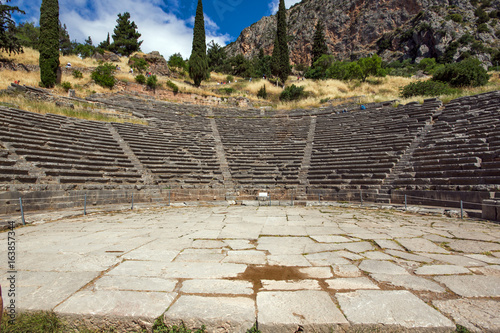 Panorama of Amphitheatre in Ancient Greek archaeological site of Delphi, Central Greece photo