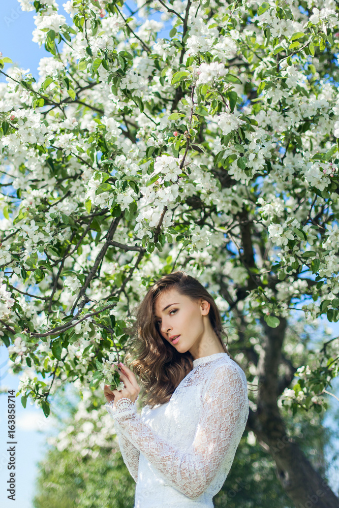 Beautiful brunette posing in blossoming apple-trees Beautiful brunette posing in blossoming apple-trees