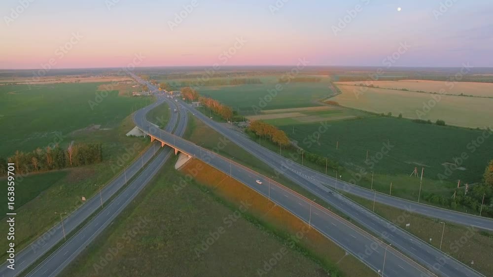 Low-level aerial perspective of highway intersection Low-level aerial perspective of highway intersection