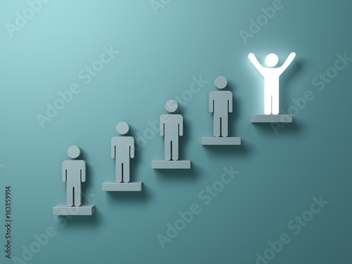 Stand out from the crowd and different creative idea concepts, One glowing light man standing with arms wide open on top of stairs concept on green background with shadows. 3D rendering. photo
