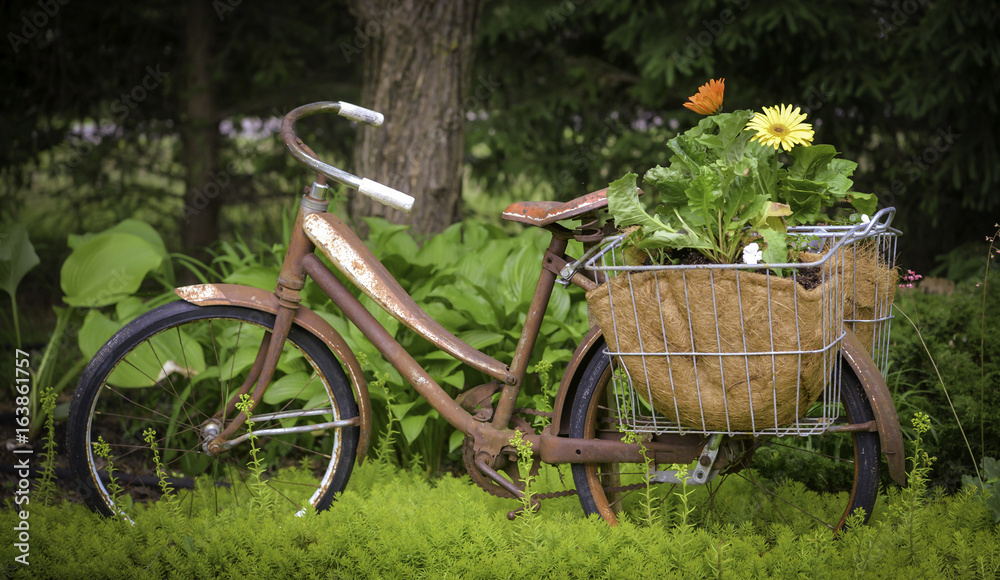 Premium Photo | Old red classic vintage retro bicycle exterior decoration  furniture of garden outdoor and flowers for travelers travel visit rest  relax at cafe coffee shop at pai city hill in