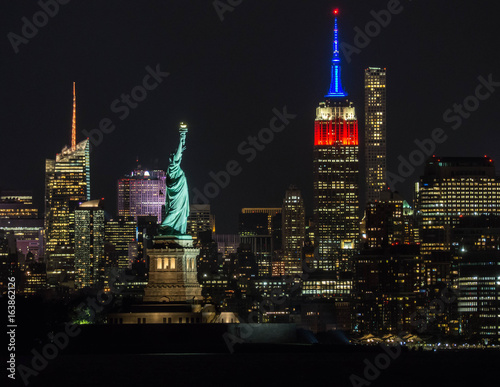Photography Statue of Liberty and Empire State shot in American colors.