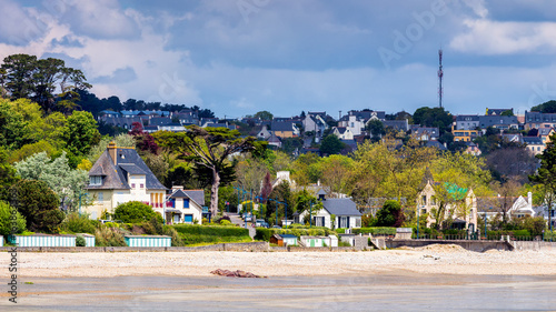 Beautiful village of Morgat with the sand beach and rocky coastline, Finistere, Brittany (Bretagne), France.