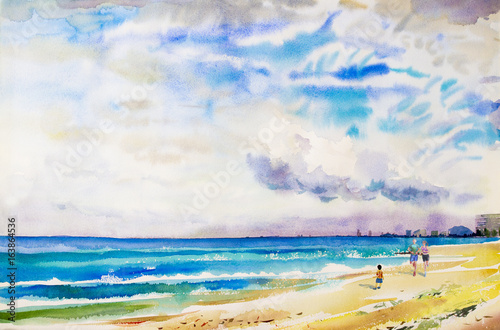 Painting watercolor seascape colorful of family, jogging in the morning.