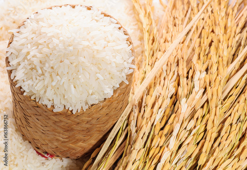 Fotografie Jusmine Rice in bamboo basketry and rice spike